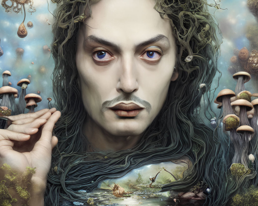 Intense-eyed person in surreal portrait with nature elements