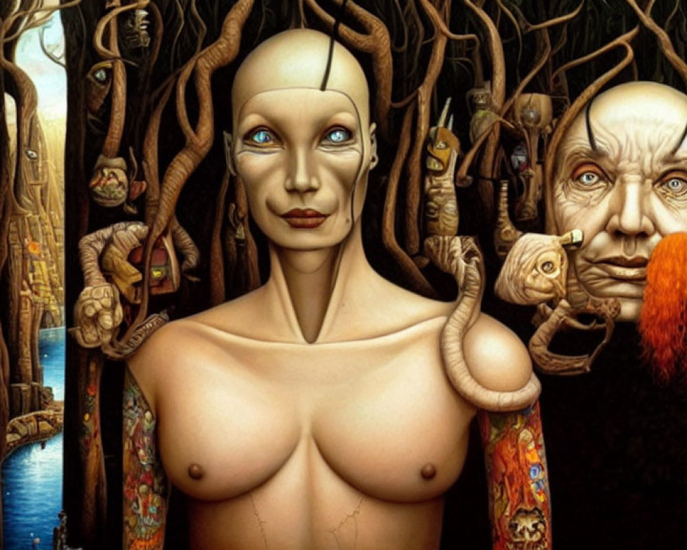 Surreal painting featuring bare-chested figure with bald head and smaller face, surrounded by fantastical