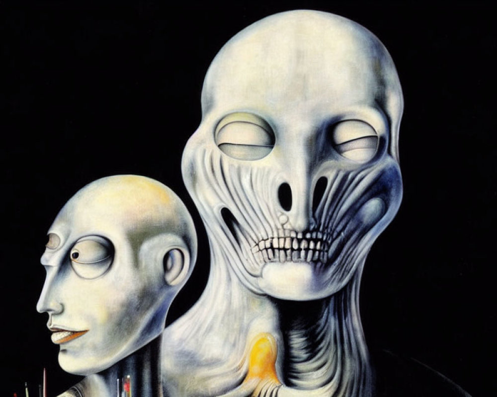 Surreal Painting of Stylized Figures with Elongated Faces