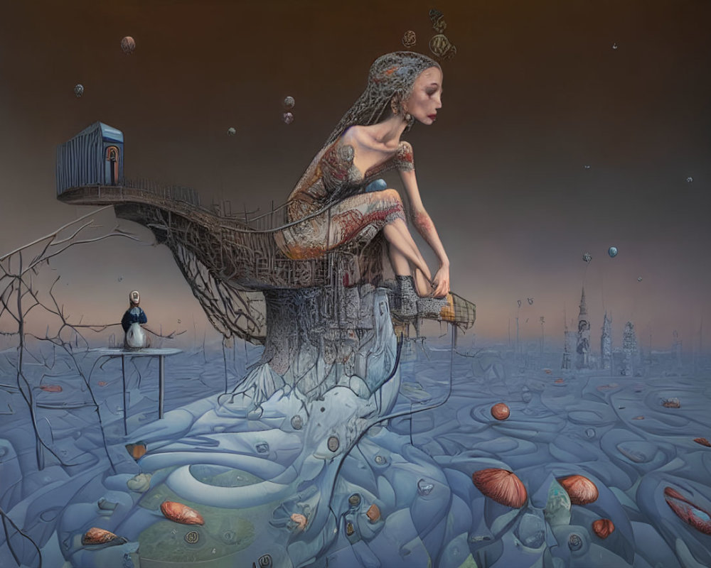 Surreal painting: Tattooed woman on organic bridge with tiny house, faces, and floating objects