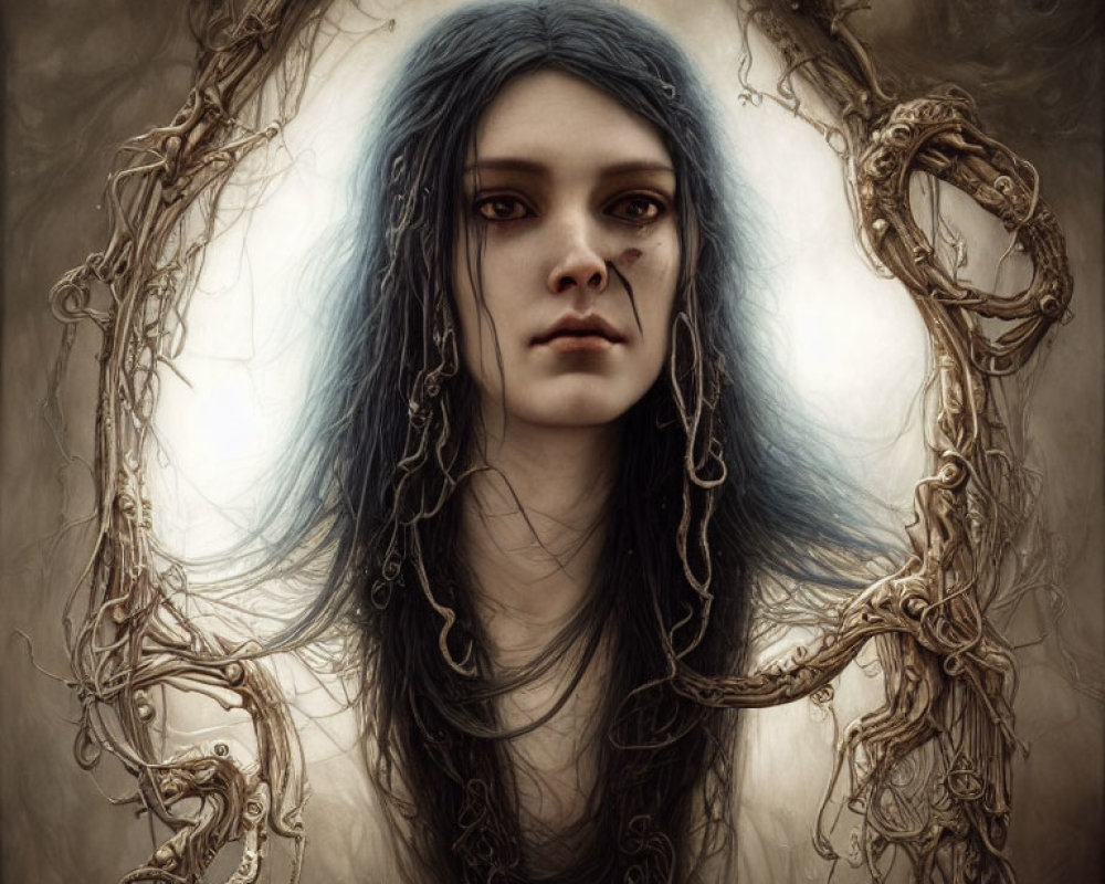 Mystical woman with blue-black hair and vine-like branches on gray background
