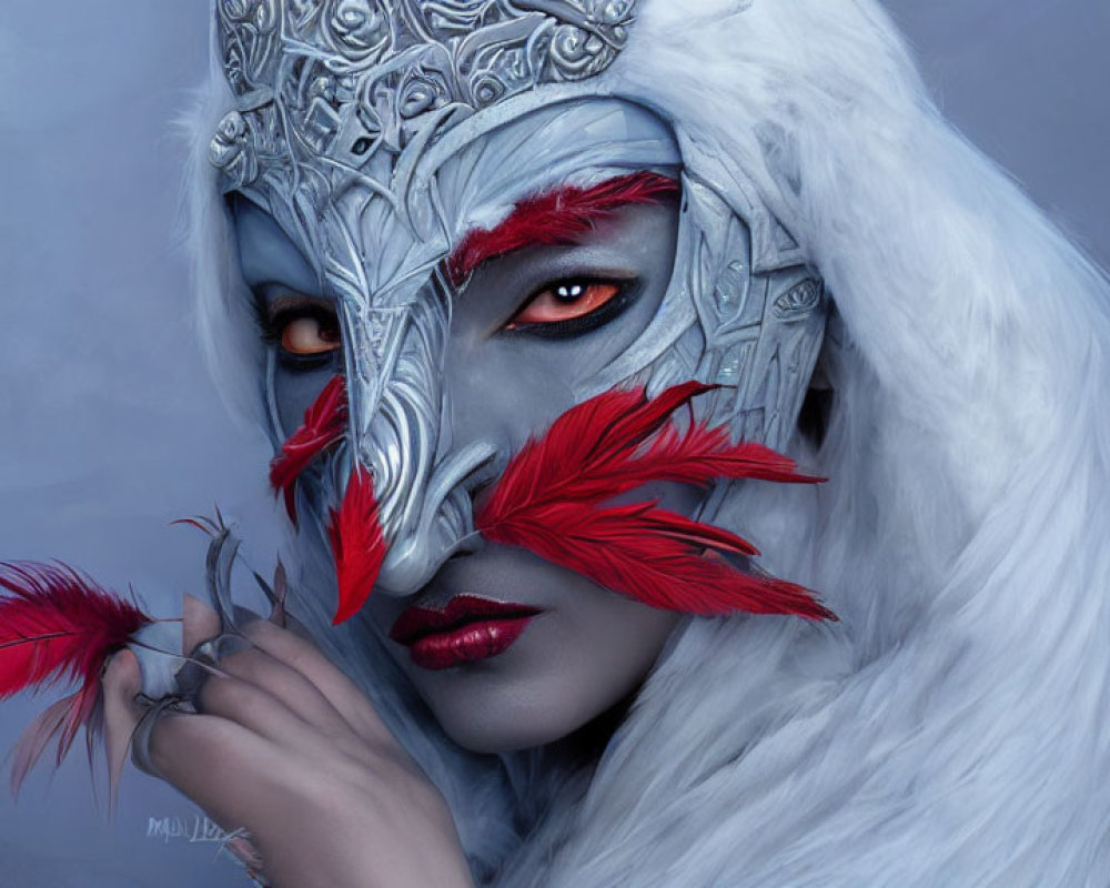 White-Haired Person in Silver Mask Holding Red Feathers on Blue Background