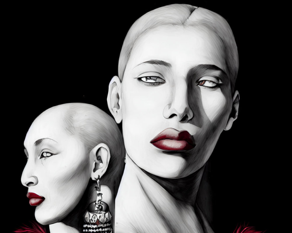 Woman with red lips and earring in high-contrast illustration