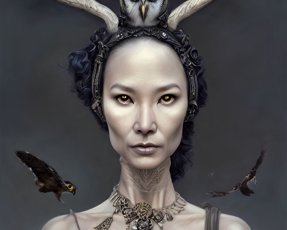 Woman with Antler-Like Headdress and Owl Eyes, Surrounded by Birds and Necklaces
