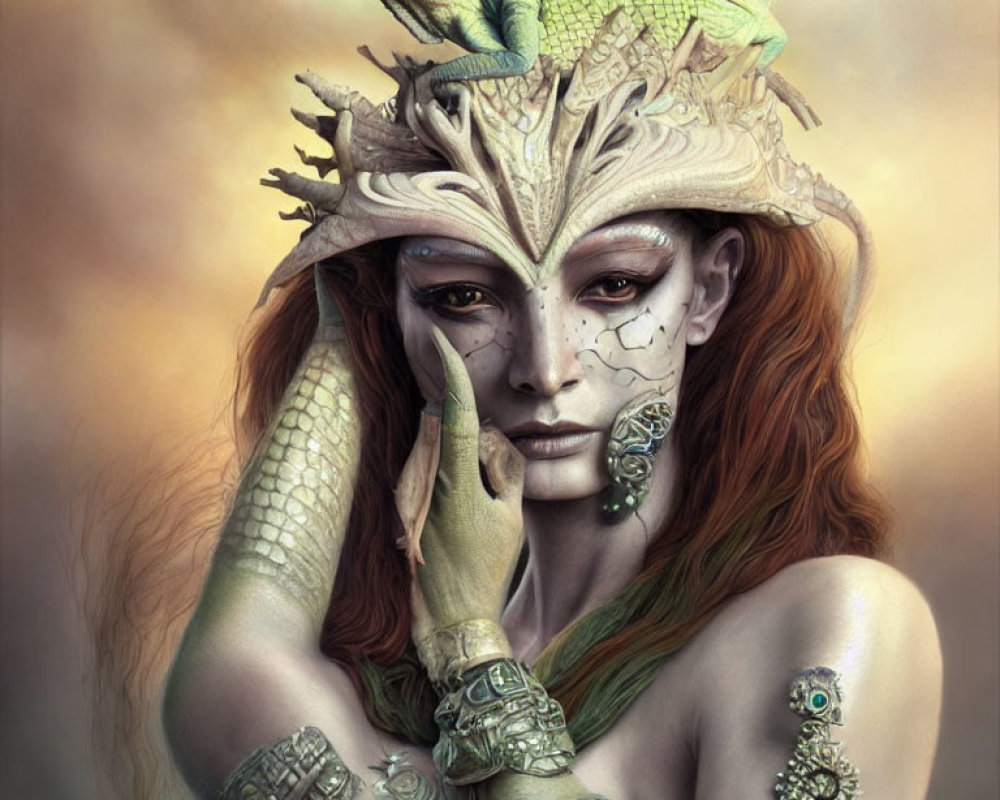 Fantasy illustration: Woman with red hair, reptilian features, dragon-themed headdress.