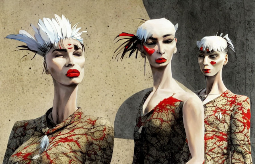 Stylized figures in white headpieces and red makeup against concrete backdrop