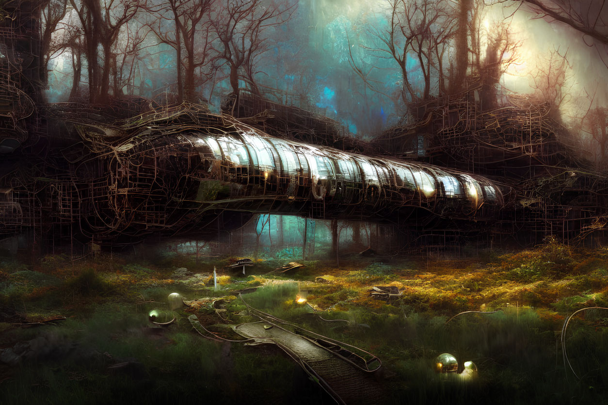 Abandoned futuristic train in overgrown forest with glowing orbs