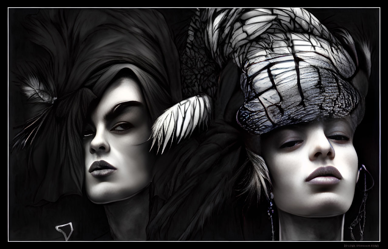 Stylized portraits: monochrome vs color with feathered headpieces