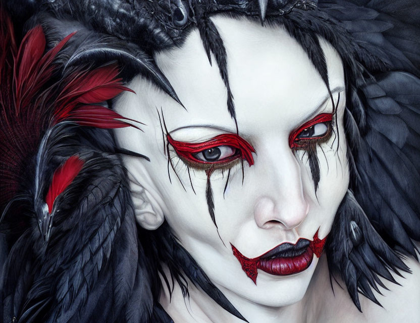 Pale-skinned person with red and black makeup and gothic style feathers.