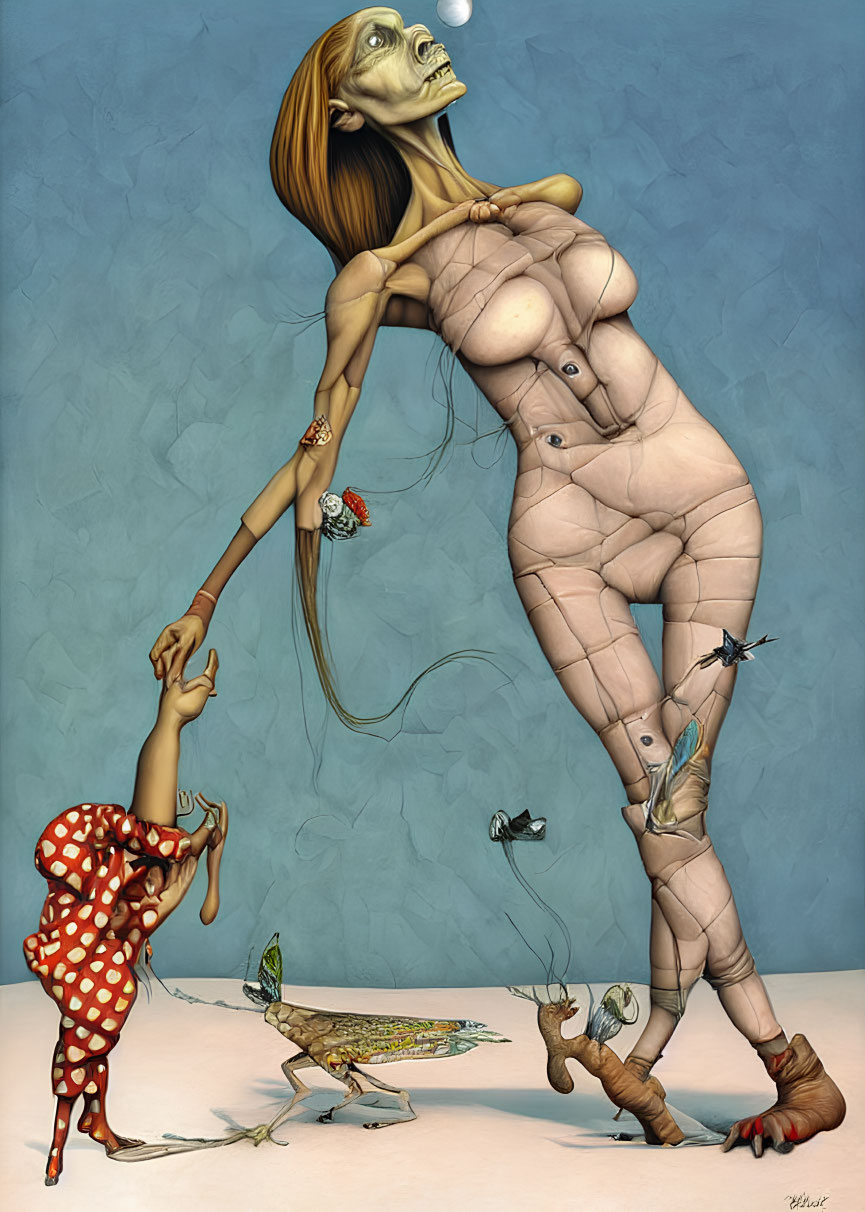 Surreal artwork: Disproportionate female figure with elongated neck and child in polka