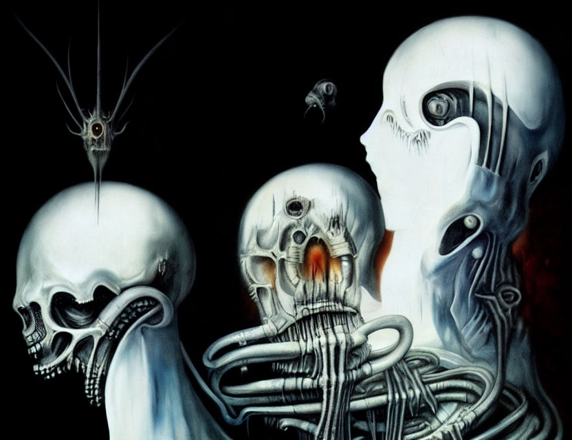 Surreal artwork: humanoid skulls, skeletal hands, shrouded figure, ghostly entities