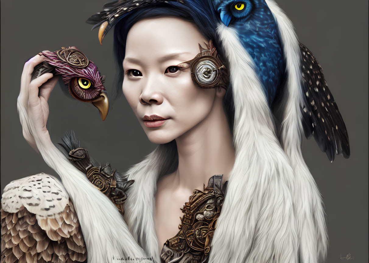 Cybernetic woman with owl and mechanical bird on gray background