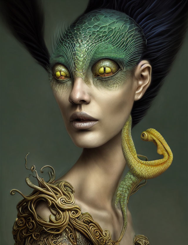 Fantastical portrait of female figure with green scaled skin and serpent shoulder embellishment