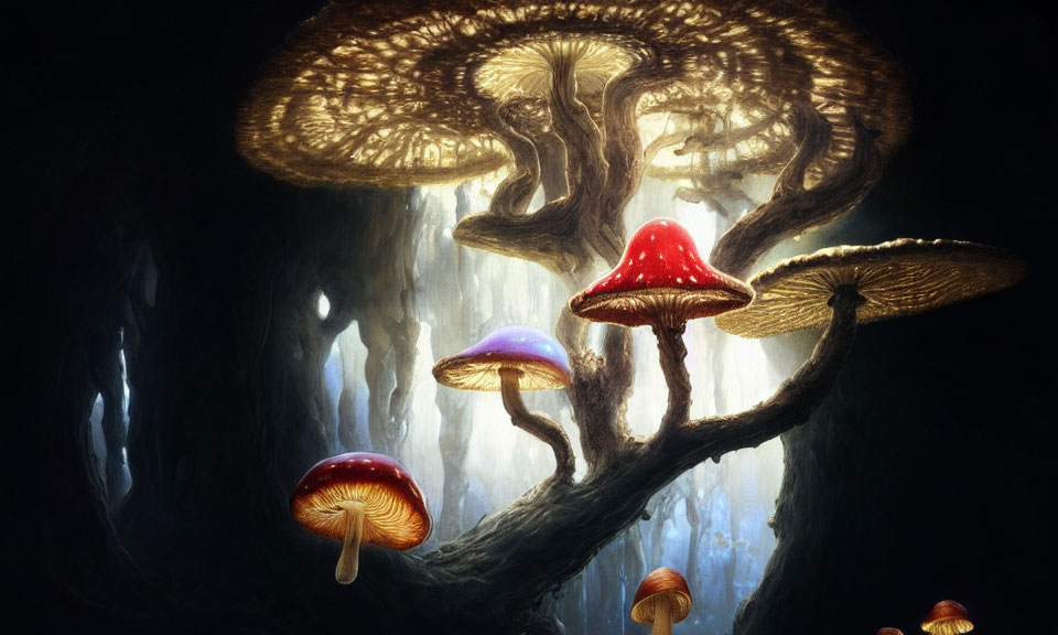 Fantasy illustration: Oversized bioluminescent mushrooms in dark cavern