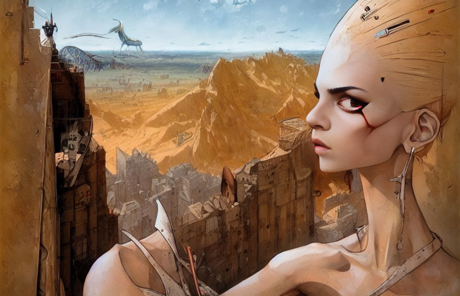 Futuristic female cyborg with head circuitry in ruined cityscape with dragon-like creature