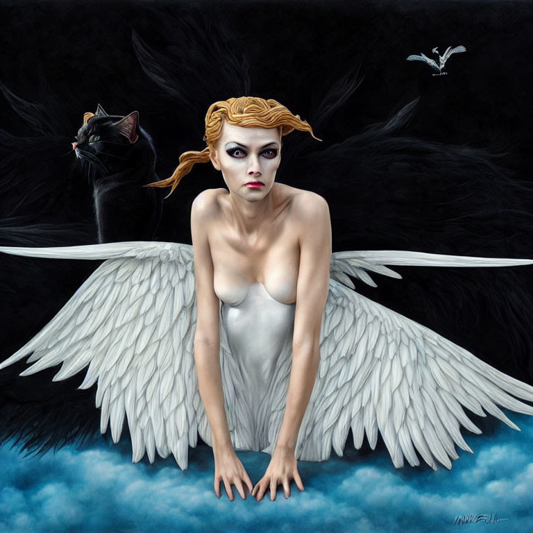 Woman with White Wings, Black Cat, and Raven in Dark Sky