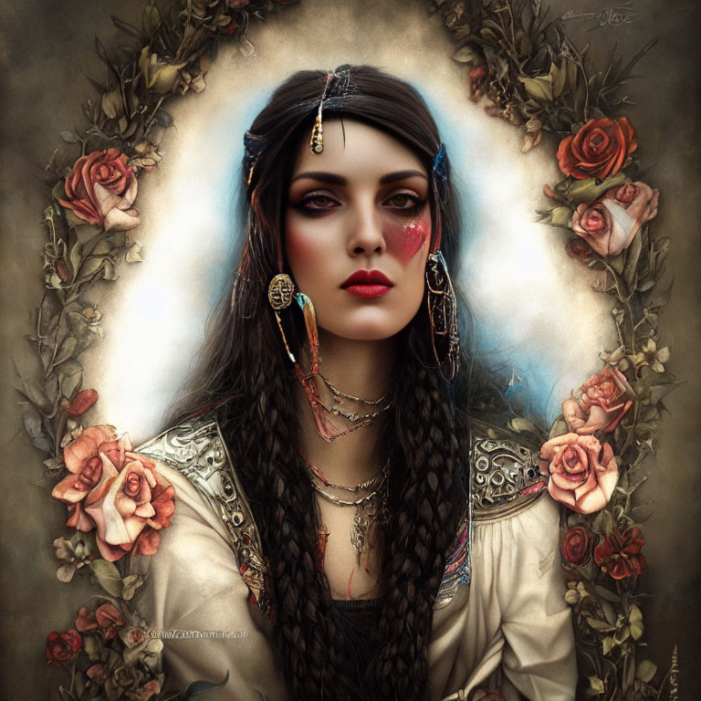 Digital painting of woman with braided hair and gold jewelry, surrounded by roses.