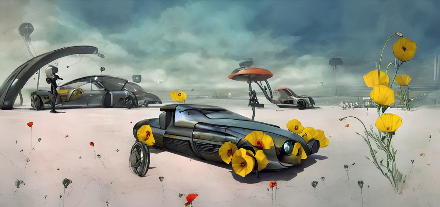 Futuristic vehicles with flower elements in desert landscape.