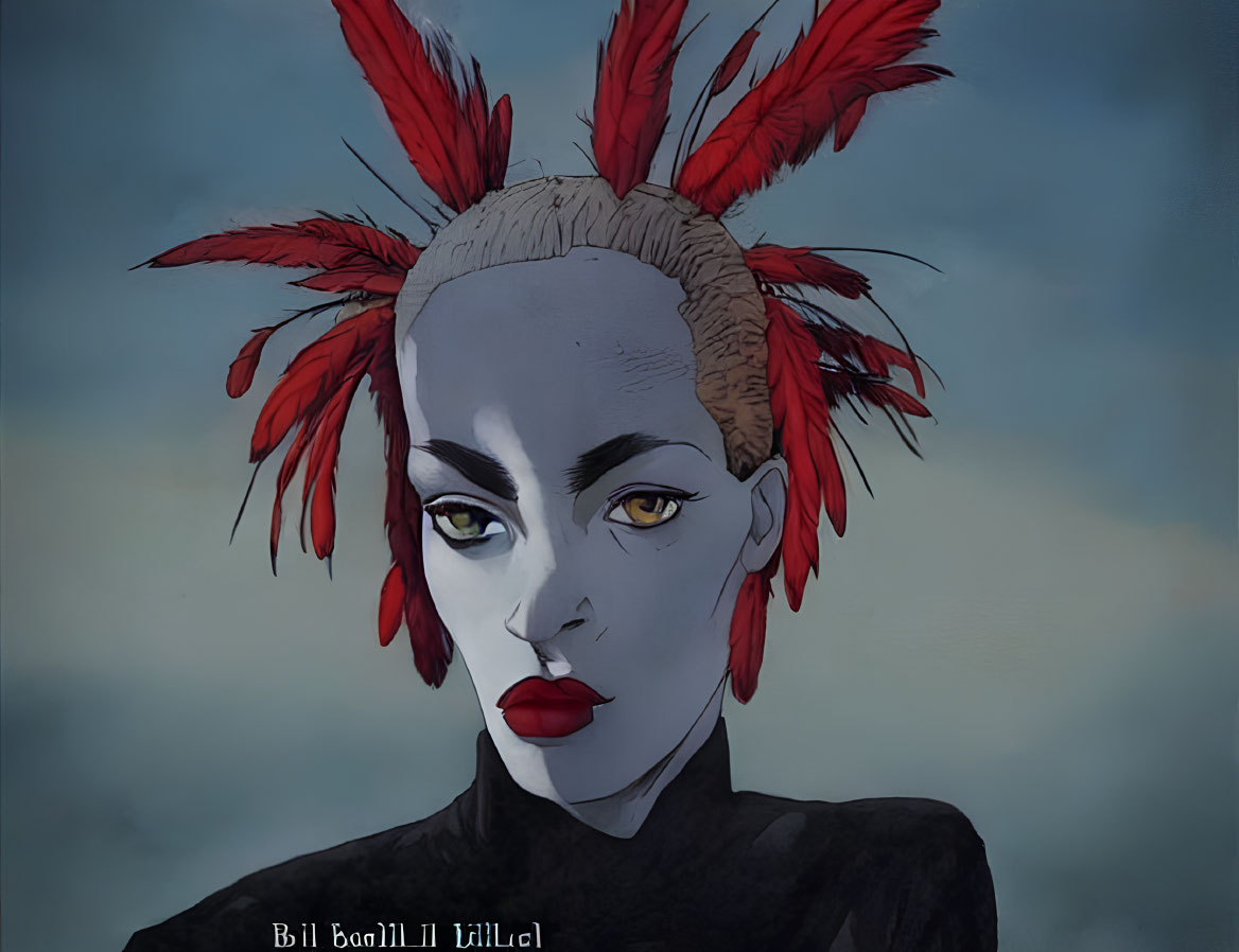 Illustration of person with red feathered hair and bold makeup on blue-grey backdrop