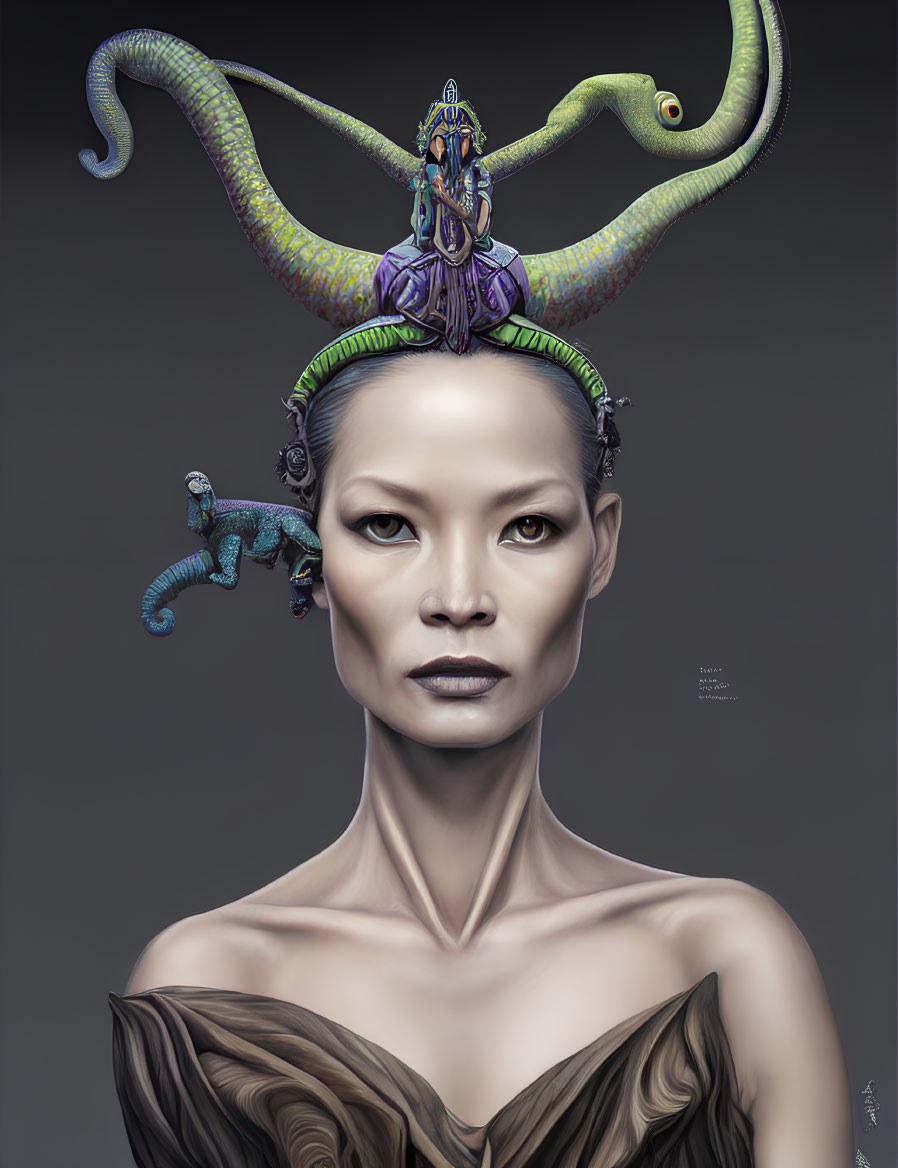 Surreal woman with tentacle headpiece, deity figure, and chameleon