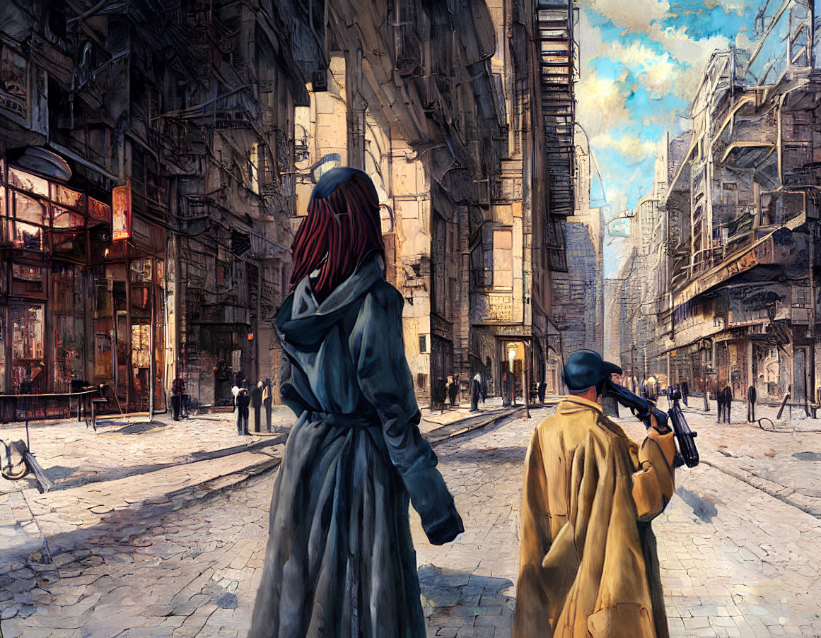 Blue-cloaked figure in steampunk city observes yellow-clad photographer
