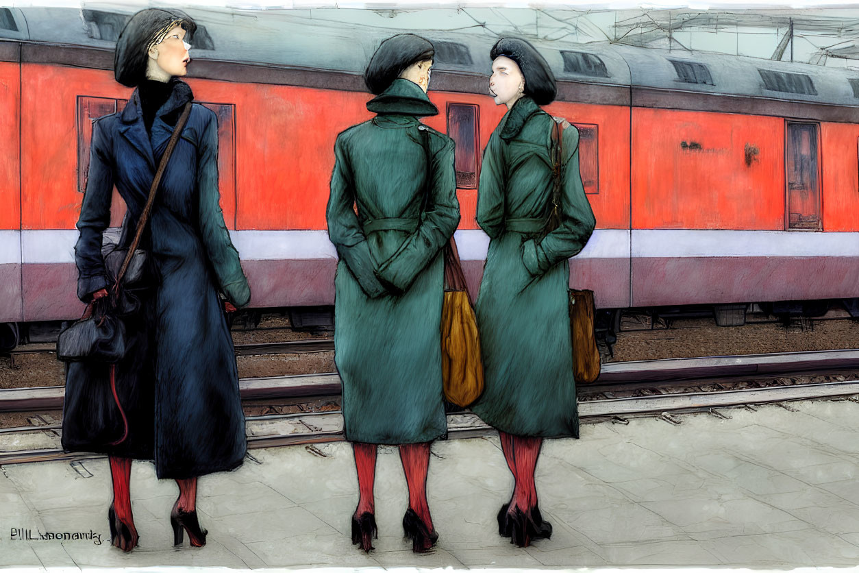 Illustration of three women in winter coats and high heels on train platform with red train in background.