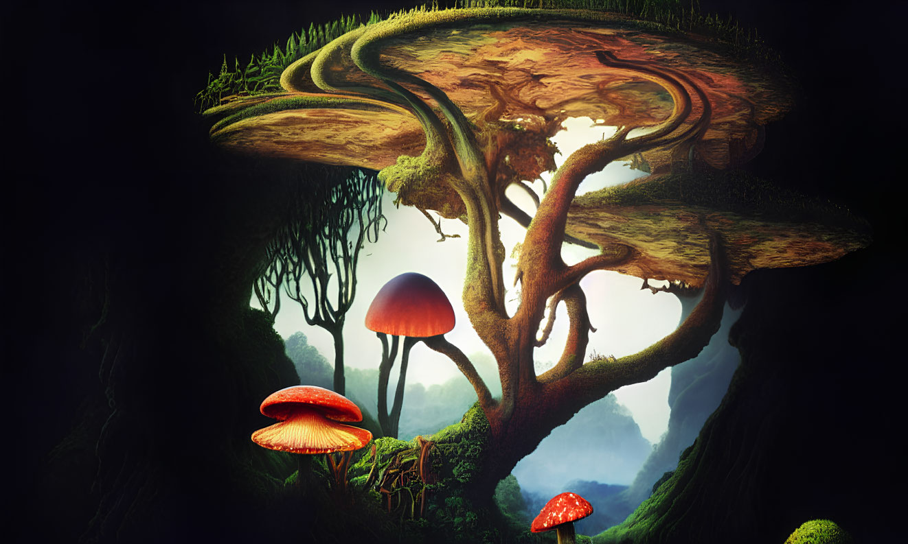 Fantastical image of giant tree, spiral path, mushrooms, and fog