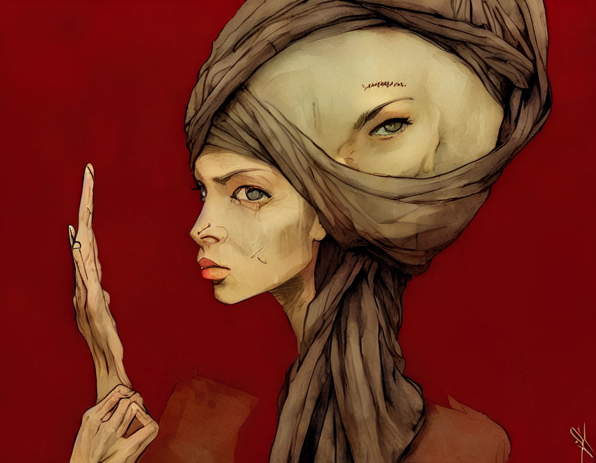 Illustration of woman with turban, eye motif, and silencing gesture
