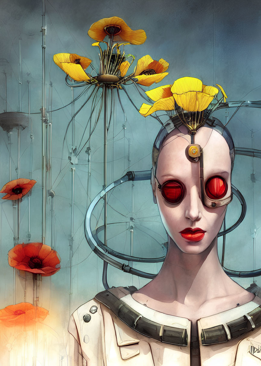 Surreal artwork: Female figure with red goggles and blooming yellow poppies against faint structures