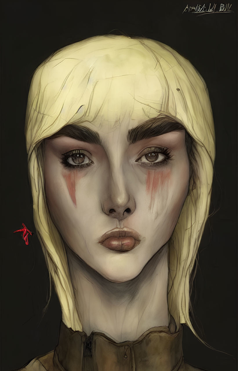 Digital portrait of person with blonde hair and teary eyes and red streaks.