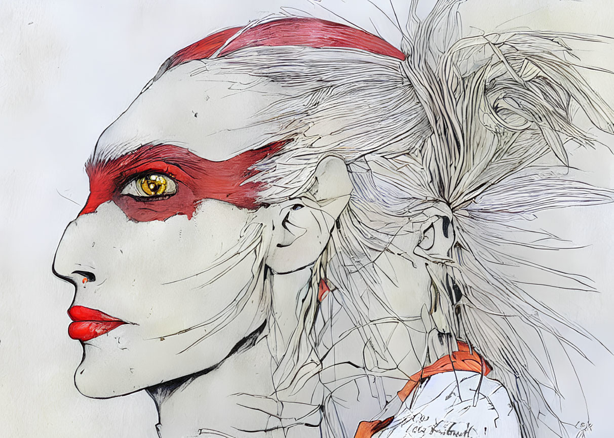 Person with red and white face paint and yellow eyes in sketched style