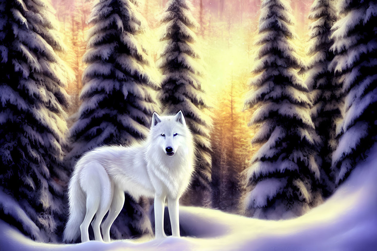 White Wolf in Snow-Covered Forest with Sunset Light