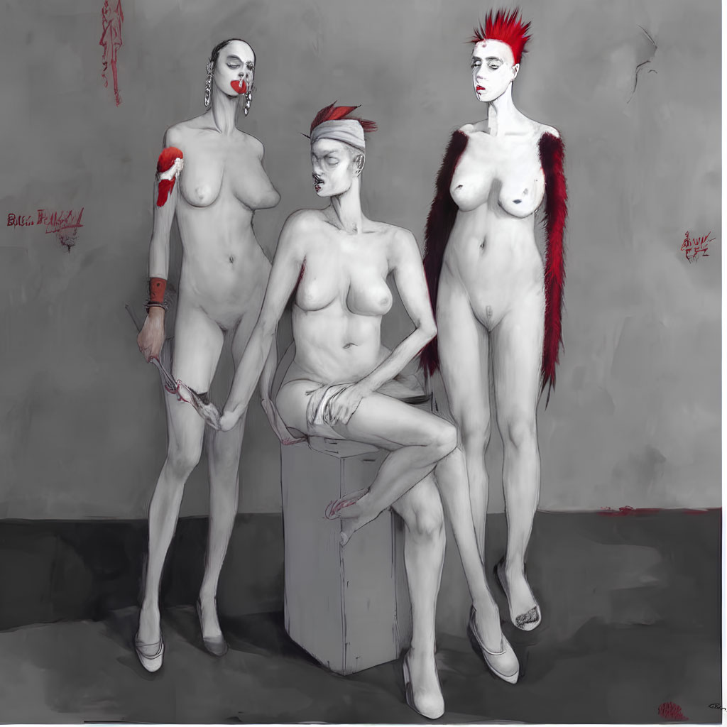 Stylized nude female figures with avant-garde makeup and red accents against grey wall