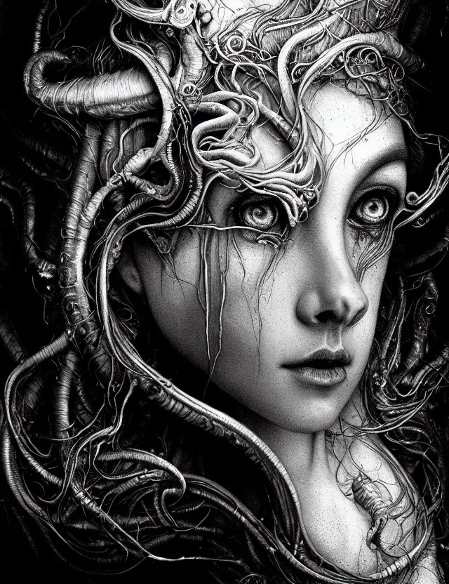 Detailed Monochromatic Illustration of Woman with Serpent-Like Hair