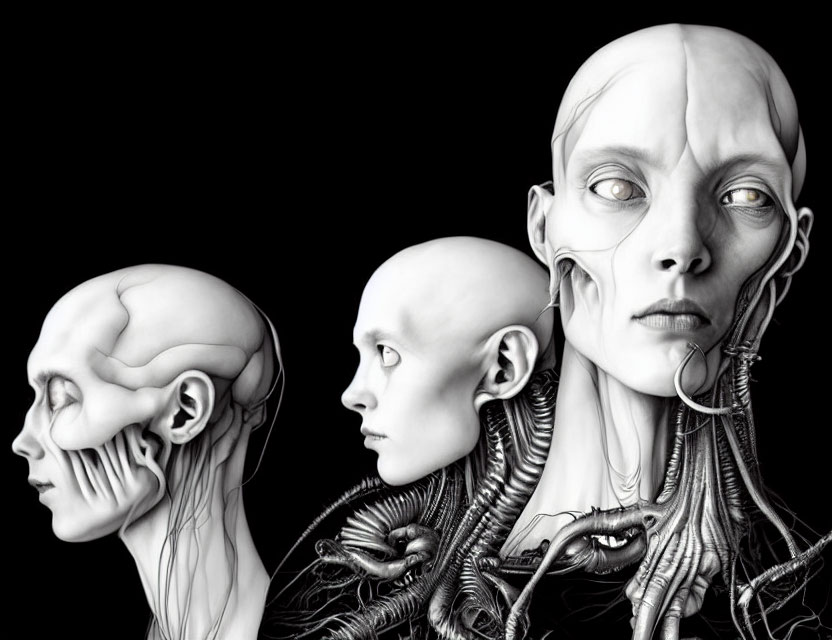 Hyper-realistic humanoid figures with exposed musculature and biomechanical features on black backdrop