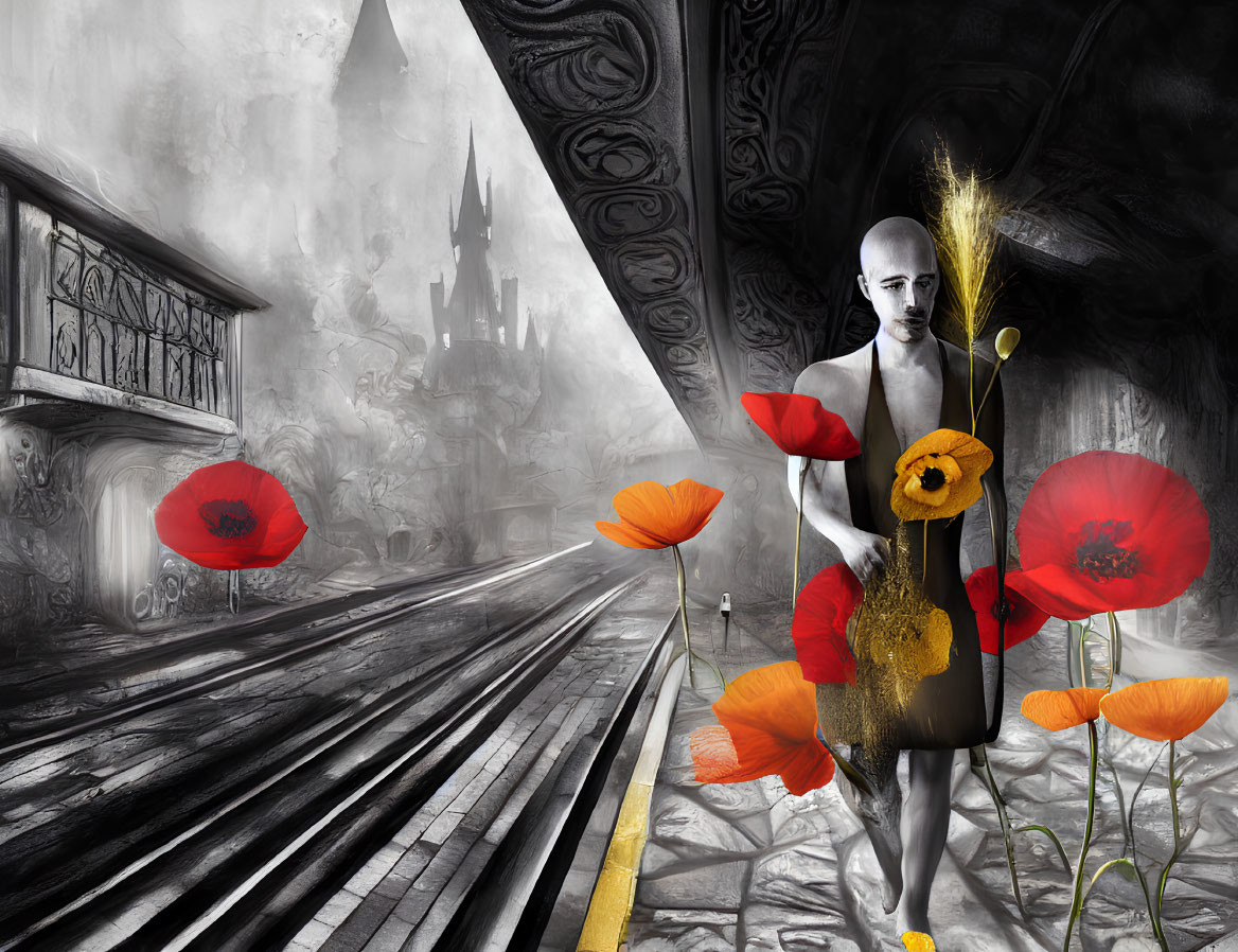 Bald Figure with Wheat Stalk in Red Poppies on Grayscale Background