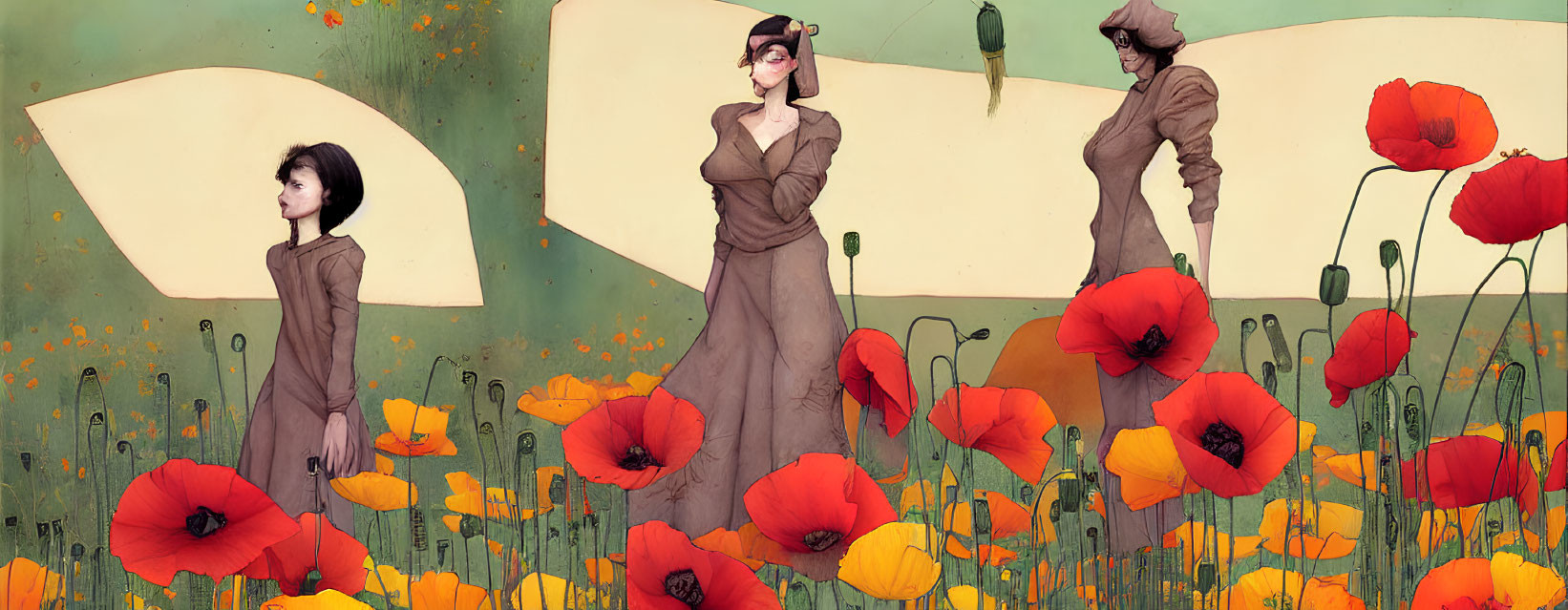 Three stylized women in a field of red poppies of varying heights