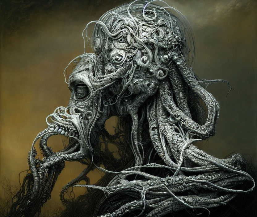 Intricate surreal biomechanical humanoid entity with tentacles and skull face against hazy backdrop