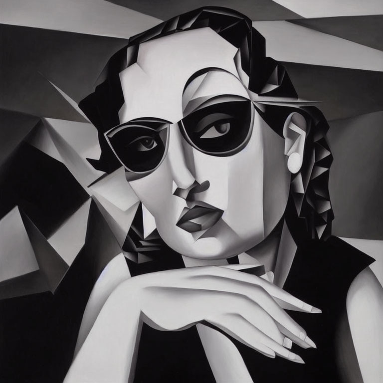 Monochrome Cubist-Style Portrait of Woman with Sunglasses and Earring