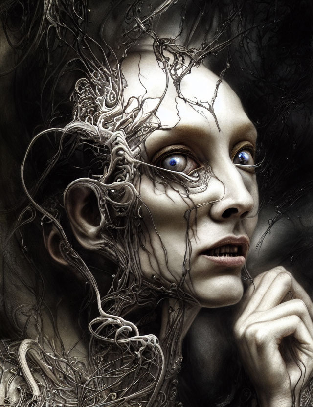 Fantasy portrait with pale skin, blue eyes, and intricate branch-like structures.