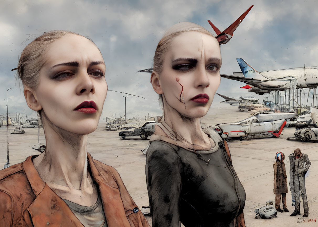 Stylized female figures in airport tarmac scene with bleeding nose and onlookers.