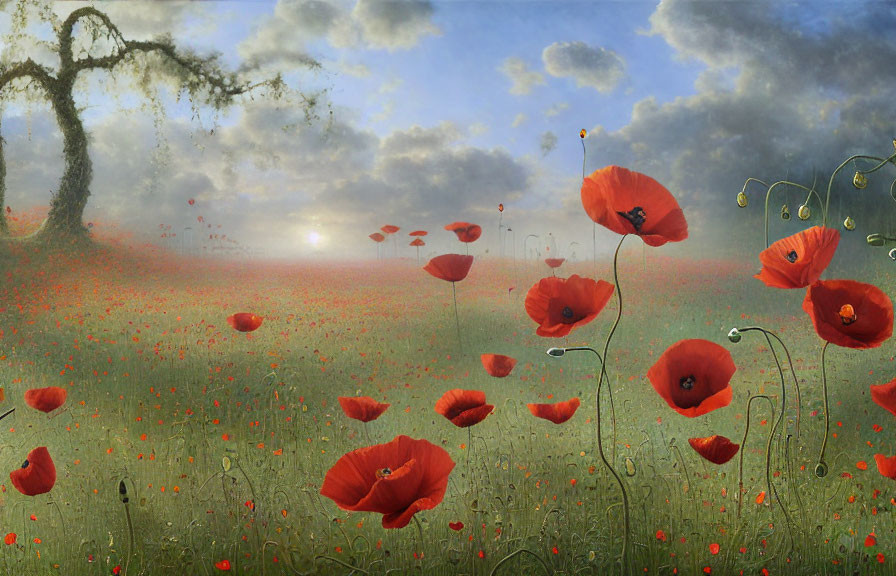 Tranquil field of red poppies with lone twisted tree at sunrise
