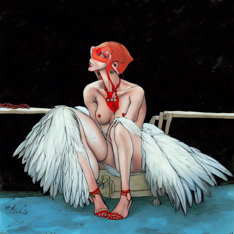 Illustration of Red-Masked Figure with White Wings on Bench