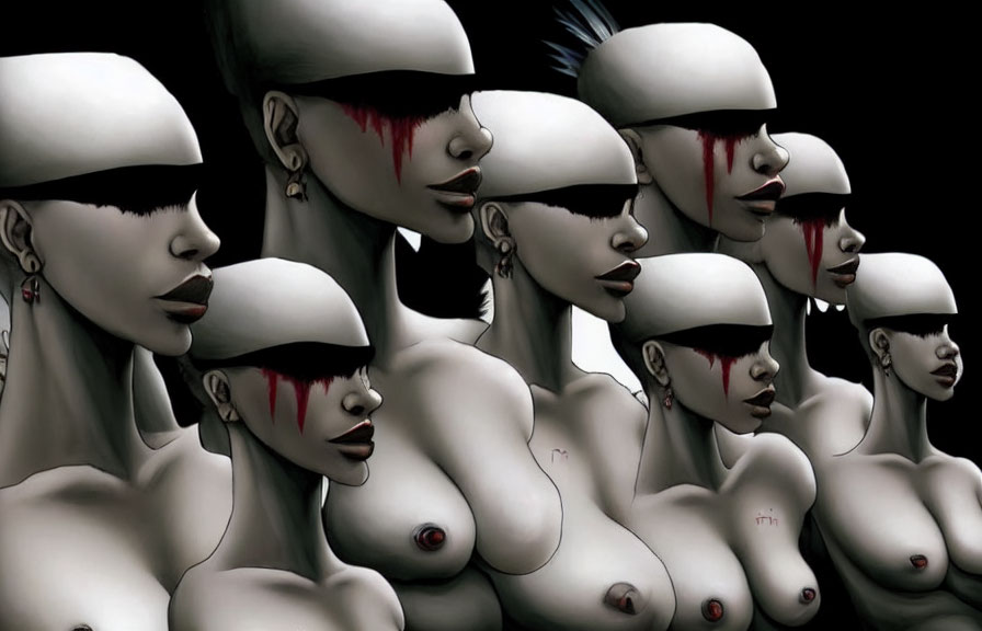 Bald humanoid figures with white visors and red accents in dark setting