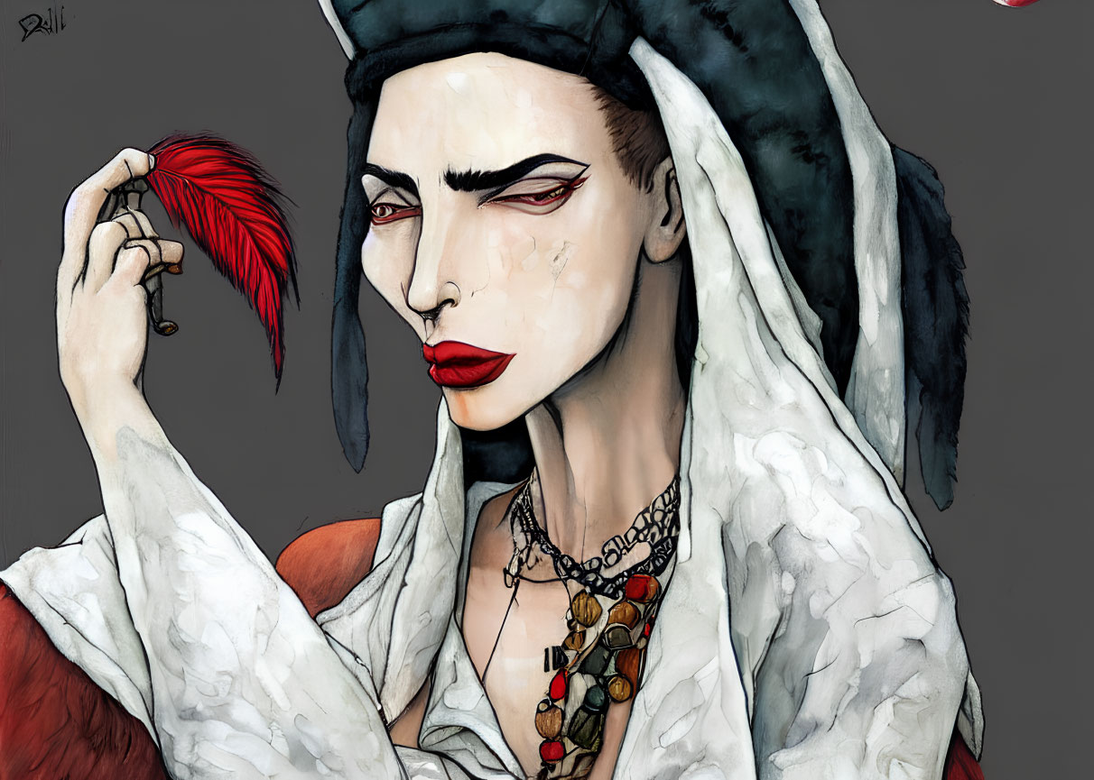 Illustrated character with pale skin, dark lips, pirate hat, feather, contemplative expression