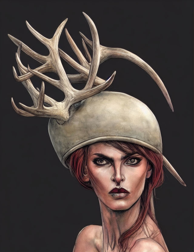 Stylized illustration of person with intense gaze and antlered helmet on grey background