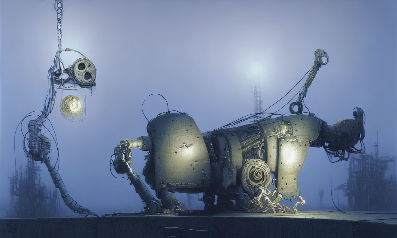 Futuristic robotic creature with chain crane in misty industrial setting