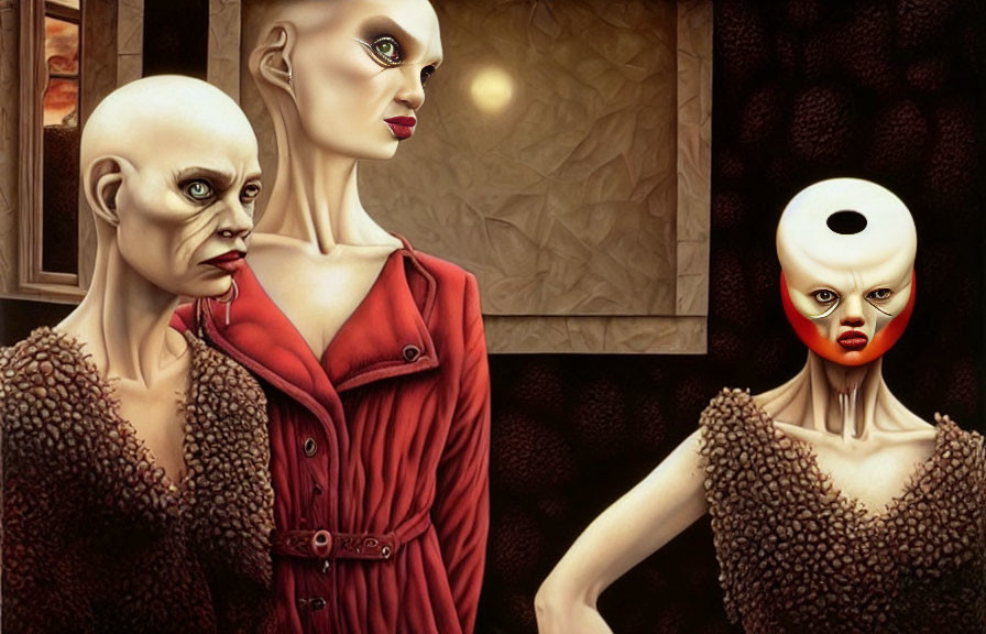 Surreal humanoid figures with disproportionate features and stylized makeup in abstract setting
