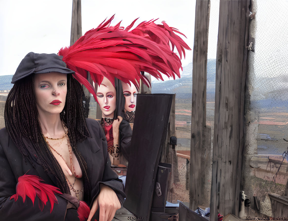 Three Female Mannequins in Striking Red Feathered Hats and Dark Makeup, Dressed in