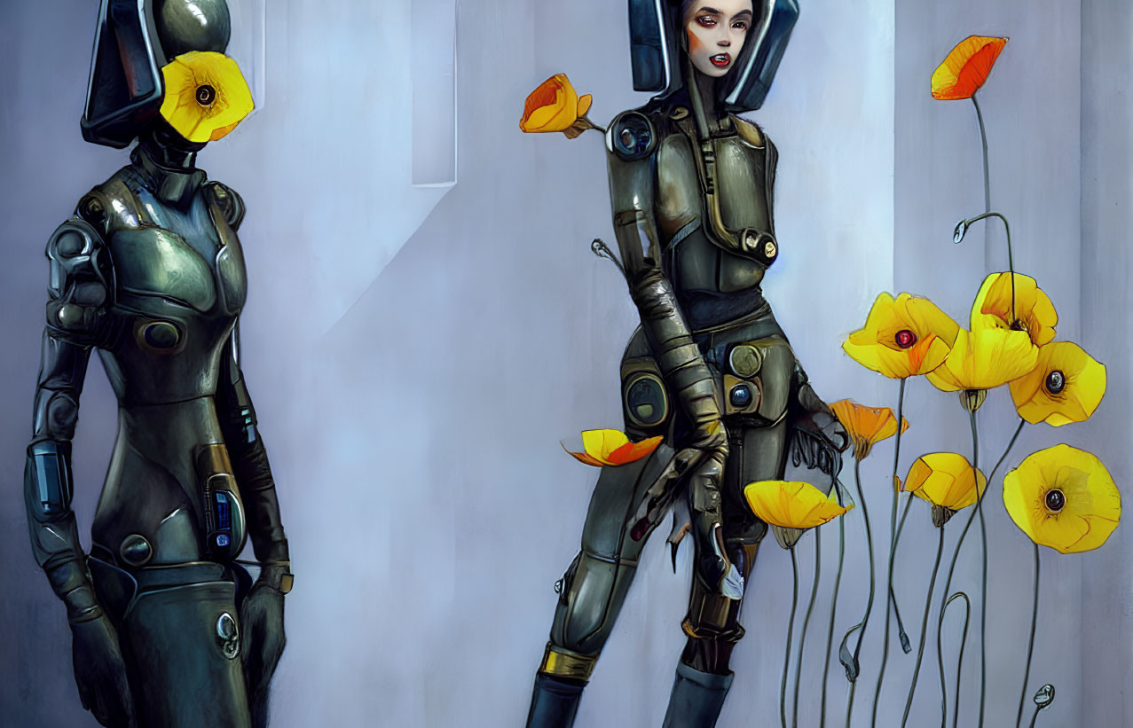 Futuristic humanoid robots in green suits with yellow helmets beside orange poppies
